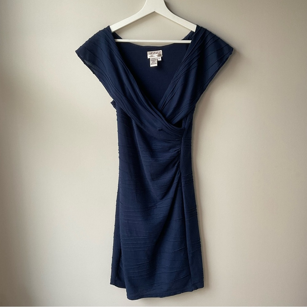 MSSP Navy Textured Wrapped Shoulder Dress Medium - Picture 2 of 4